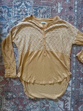 Free People Mustard Yellow Embroidered Henley Long Sleeve Top